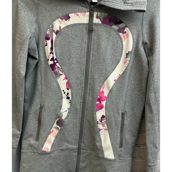 Lululemon In Stride Jacket Gray Floral Full Zip Size 6 Logo Athletic Workout - Picture 4 of 8